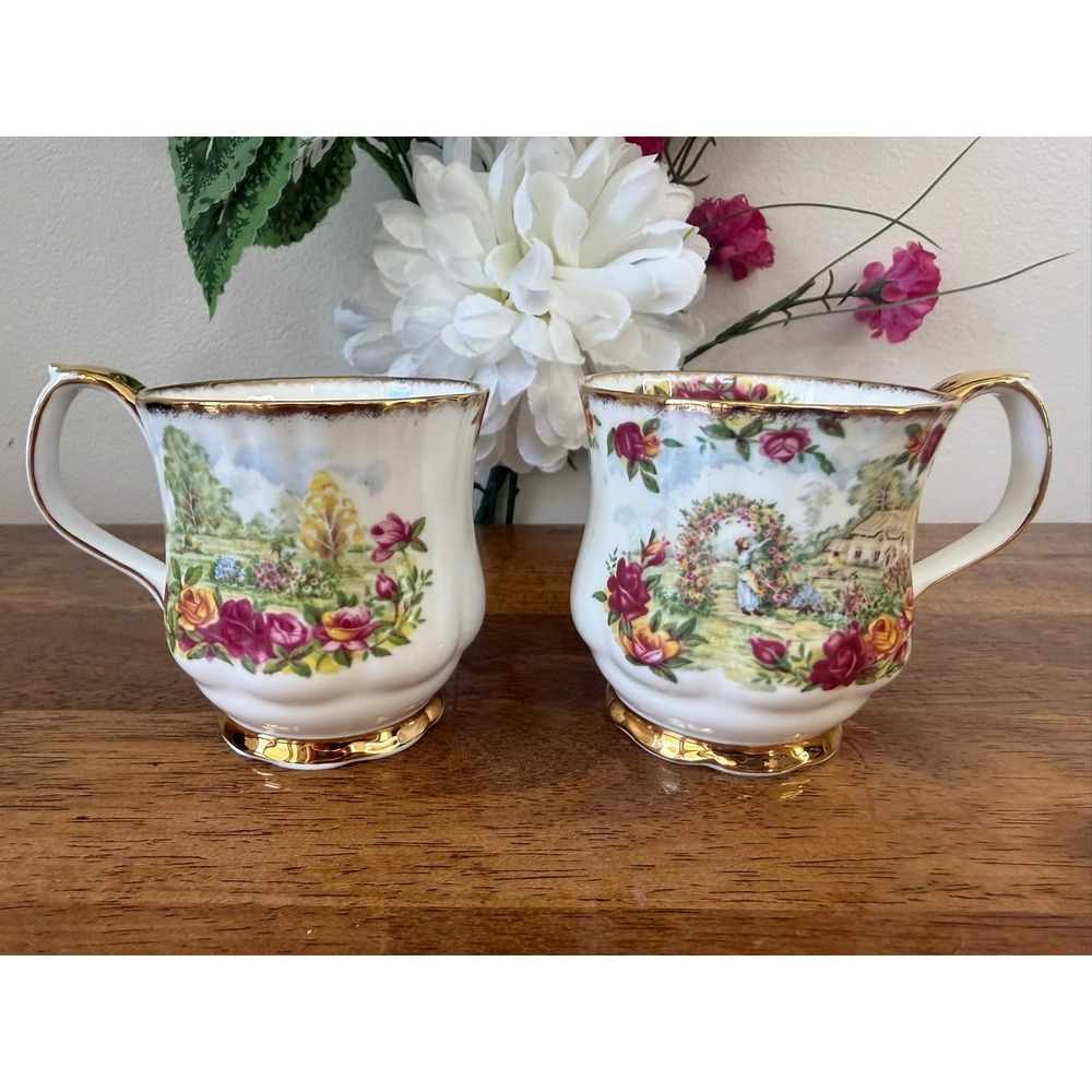 Pair Royal Albert Old Country Roses Garden Coffee Mugs Bone China Cottage